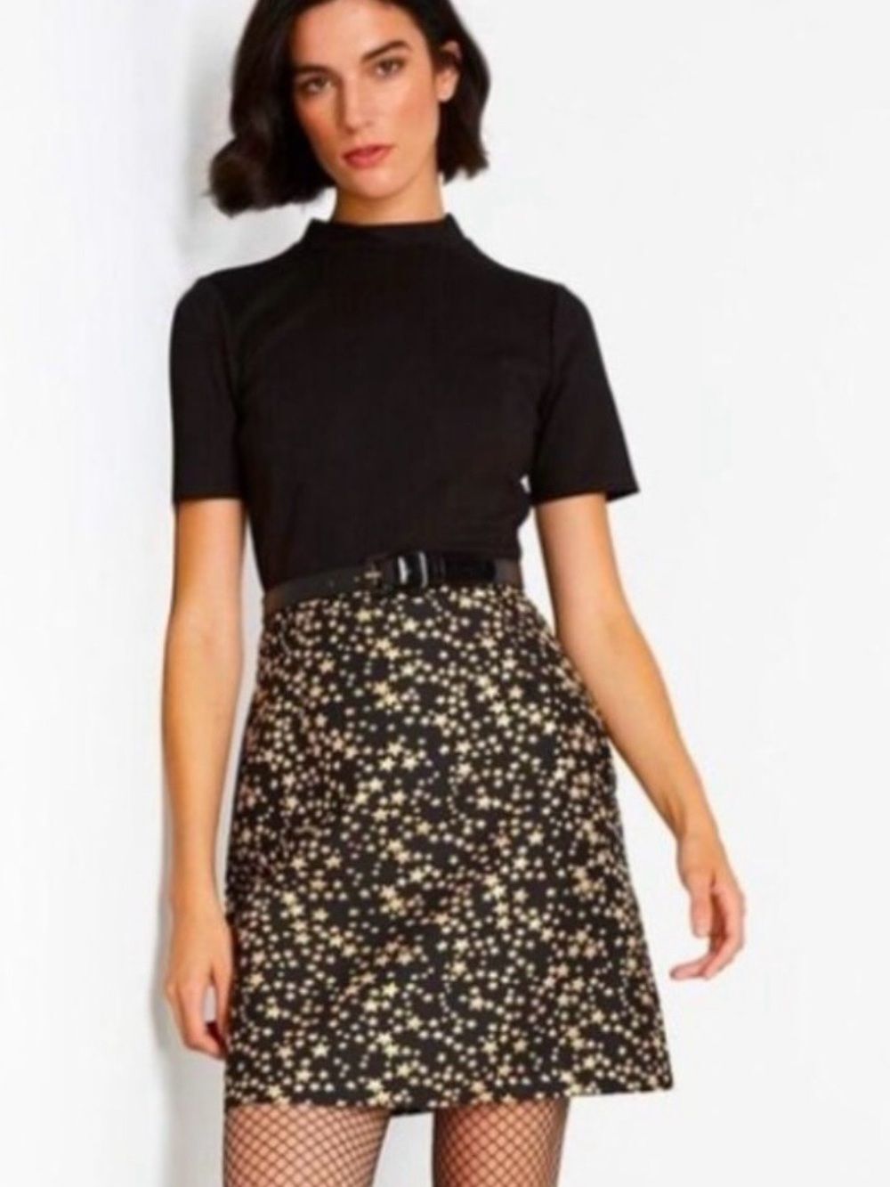 ModCloth Black Star Print Fit & Flare Dress XL Mock Neck Retro Celestial